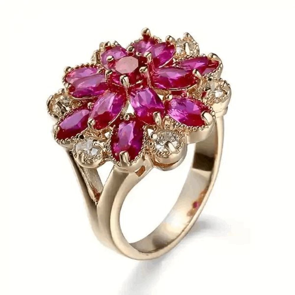 Ruby Rose Diamond Gold Flower Ring - Size 7